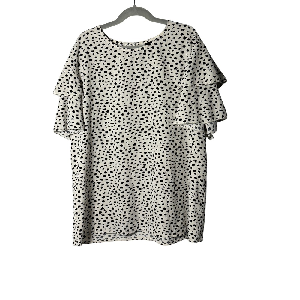 Gomorn Dalmatian Print Ruffle Flutter Sleeve Blouse White Black XL
